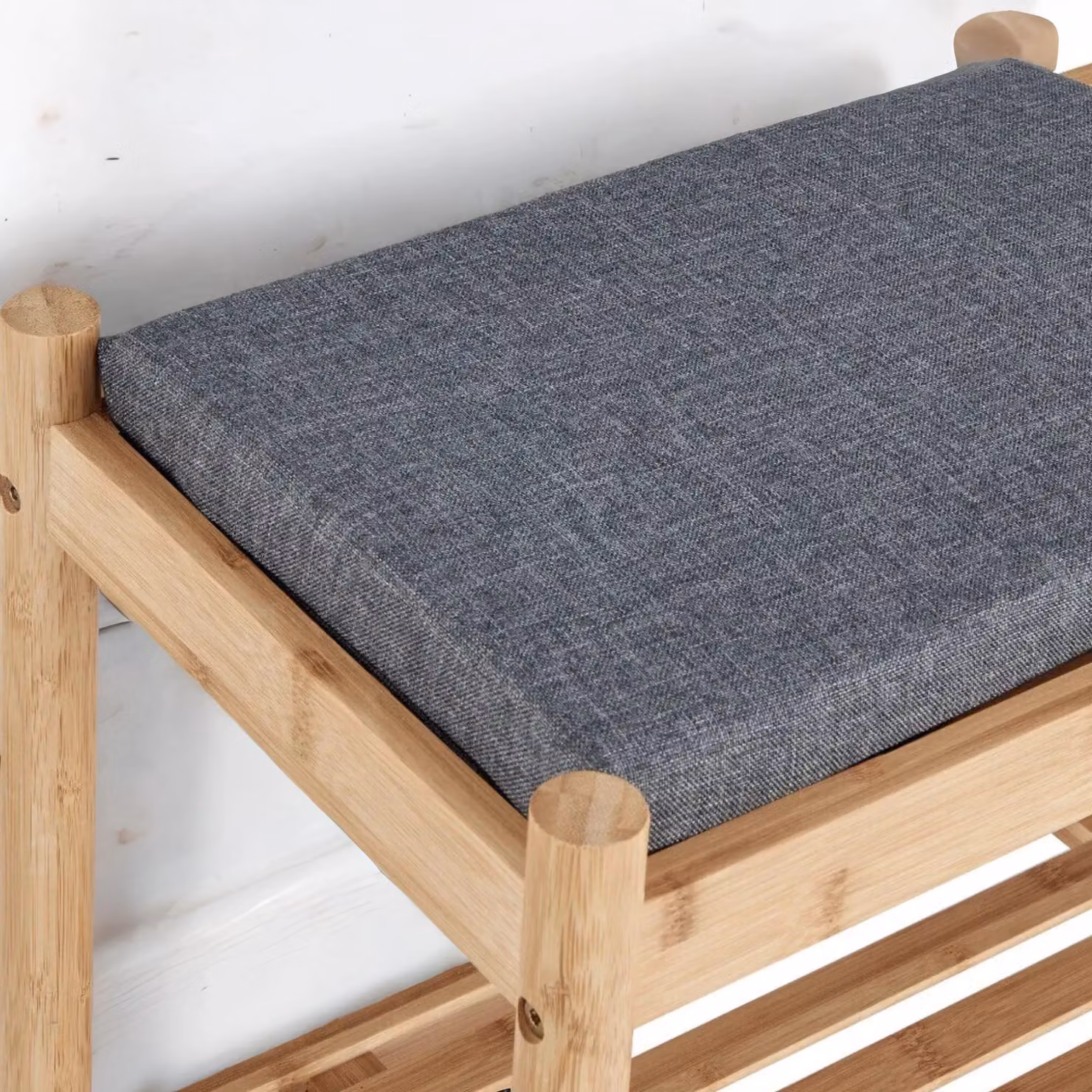 Rafaelo Mobilia Bamboo Shoe Storage Bench with 2 Fabric Cushioned Seats in Natural and Beige, W/D/H: 90 x 30 x 45 cm – 2