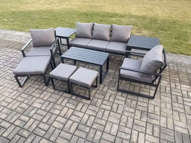 Fimous 9 Piece Aluminium Garden Furniture Set in Dark Grey with Cushions, 8 Seater Outdoor Patio Set including 3 Seater Sofa, 2 Armchairs, 3 Ottomans and Coffee Table