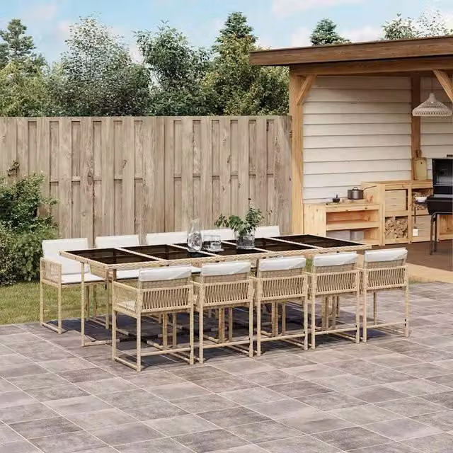 Berkfield Home 11 Piece Beige Poly Rattan Garden Dining Set with Cushions and Glass Tabletop – 1