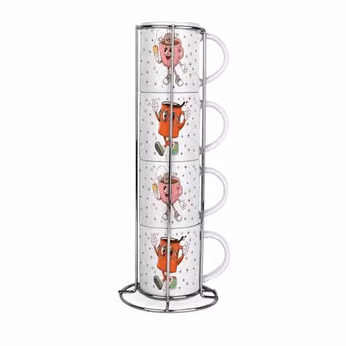 Purely Home Retro Drinks Stacking Mugs Set - Set of 4 Multicoloured Ceramic Mugs with Metal Stand