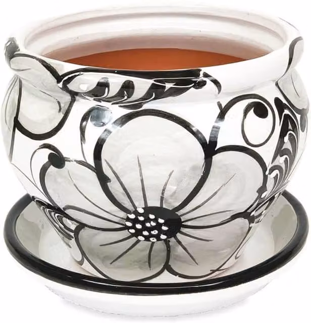 Verano Spanish Ceramics Grey and White Hand Painted Terracotta Bola Pot with Drainage Plate, Diameter: 25 cm – 1