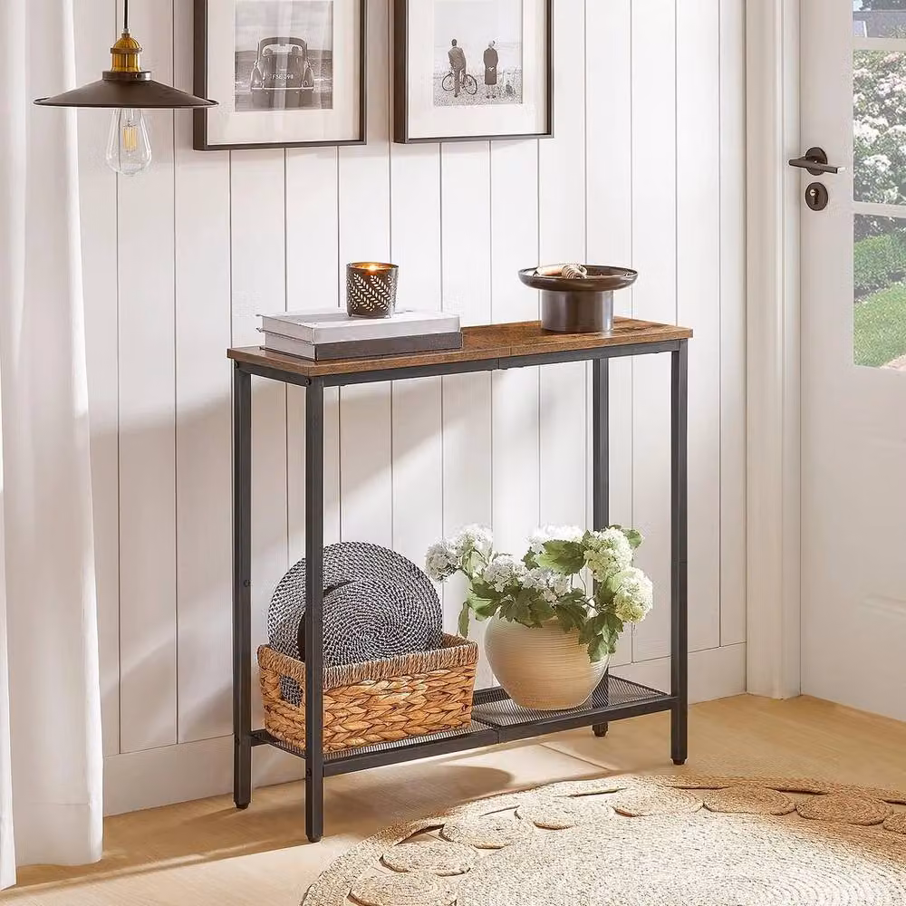FORGEVIO Slim Console Table with Storage, Rustic Brown, W/D/H: 75 x 24 x 75 cm – 4