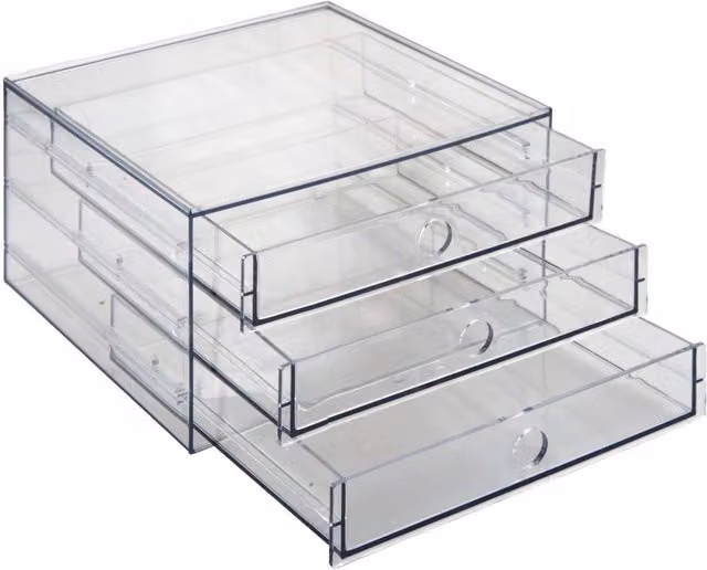 VFM 3 Drawer Makeup Organiser and Cosmetics Holder in Transparent Plastic, W: 24.8 cm, D: 26.5 cm, H: 15.2 cm