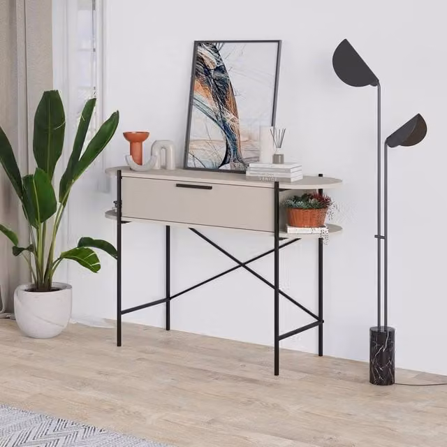 FORGEVIO Modern Multicolour Console Table with 1 Drawer, 2 Shelves and Metal X-Frame