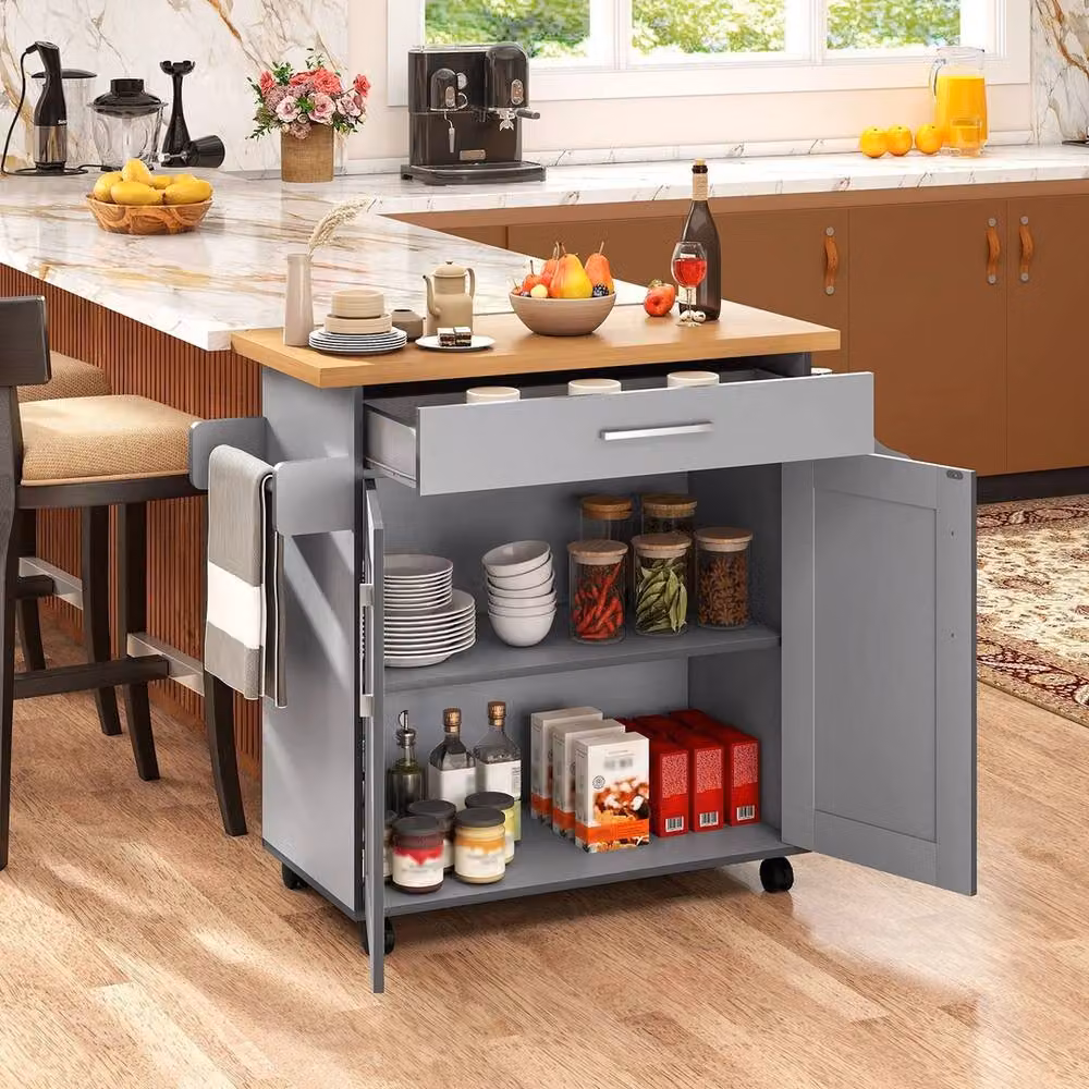 Havendro Grey Modern Kitchen Island Cart with 2 Lockable Hinged Doors and Internal Shelves – 3