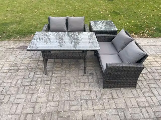 Fimous Dark Grey PE Wicker Rattan Garden Furniture Set with Love Sofa, Rectangular Dining Table and Side Table