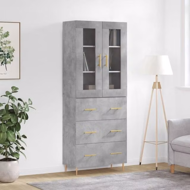 Berkfield Home Modern Highboard in Concrete Grey with Glass Doors, W/D/H: 69.5 x 34 x 180 cm