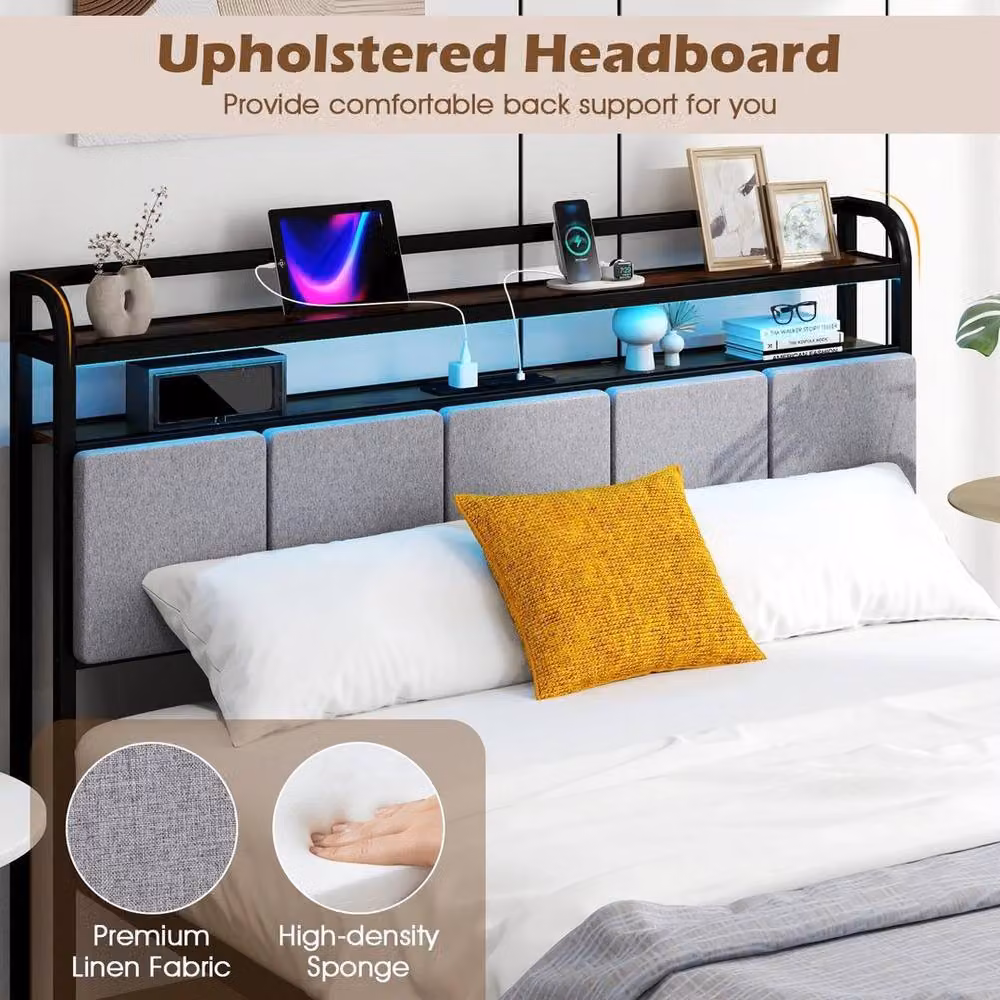 KORVIXA King Size Metal Slats Platform Bed Frame in Black with Under-Bed Lighting and USB Charging Ports – 5