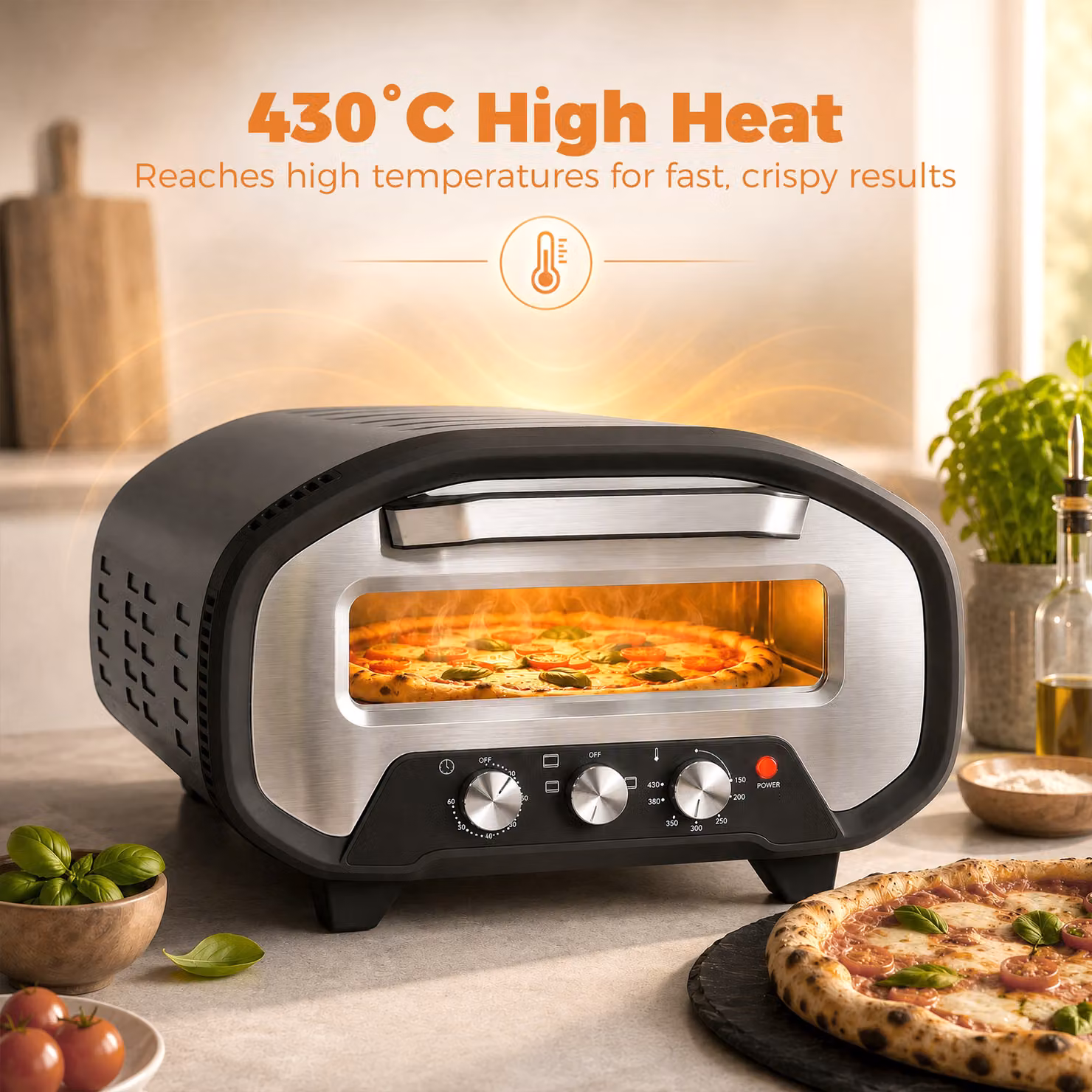 HOMCOM Electric Pizza Oven with 2200W Power, Ceramic Stone, Viewing Window and Analog Timer, Black – 4