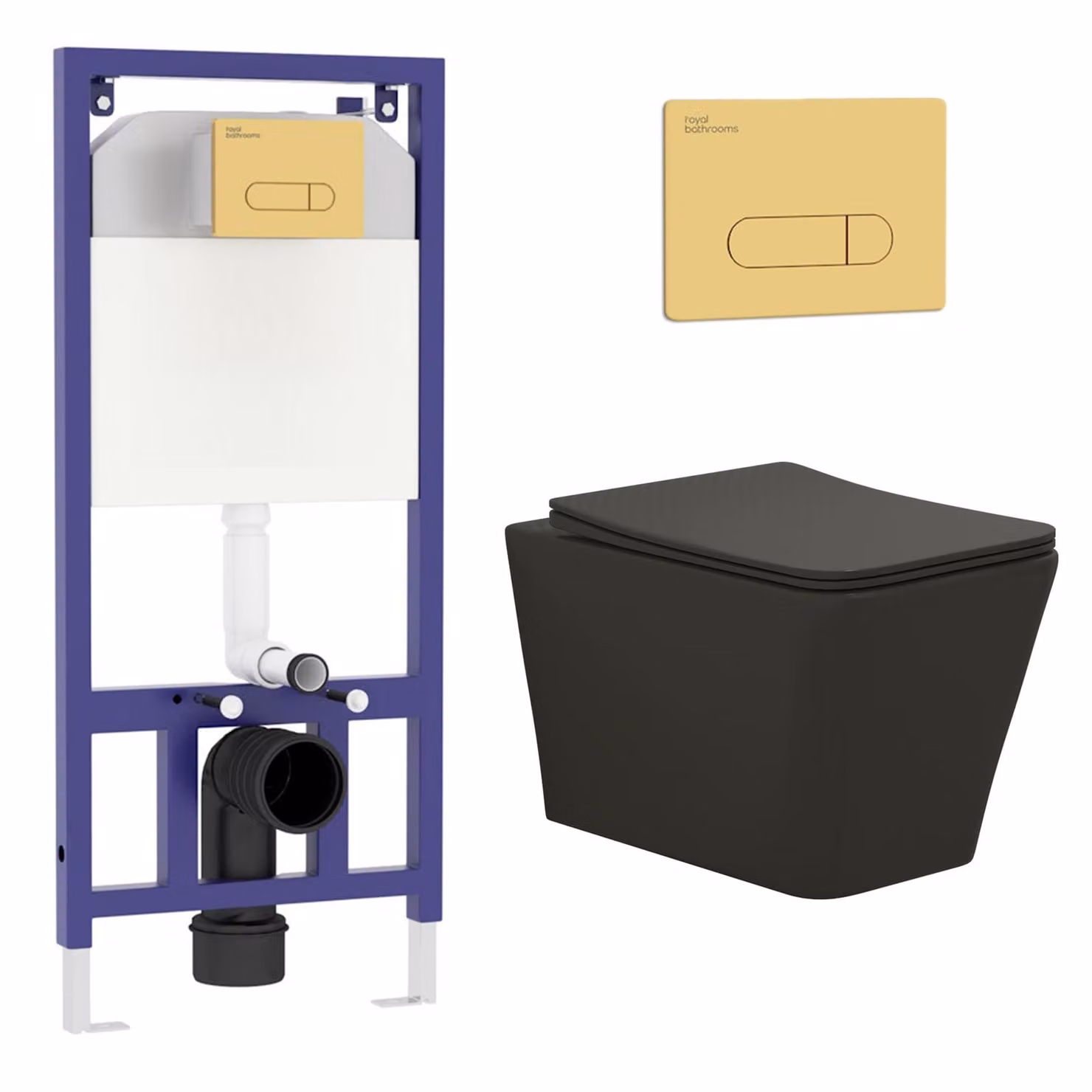 Royal Bathrooms Elena Matt Black Wall Hung Rimless Ceramic Toilet with Slim Soft Close Seat and Aqua Brushed Brass Plate Wall Hung Frame