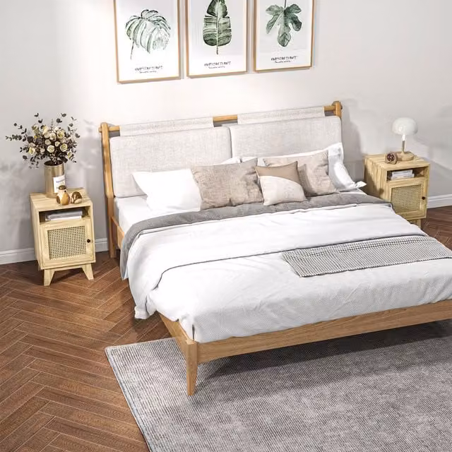 HOMCOM Rattan Nightstand and Bedside Table with Drawer and Shelf in Light Brown – 1