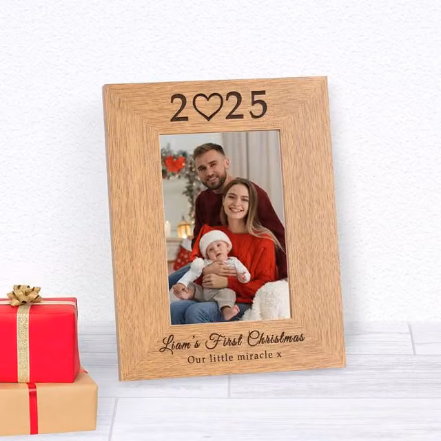 Uniqueful Personalised Baby's First Christmas Wood Picture Frame, Brown, W/H: 15.2 x 10.2 cm