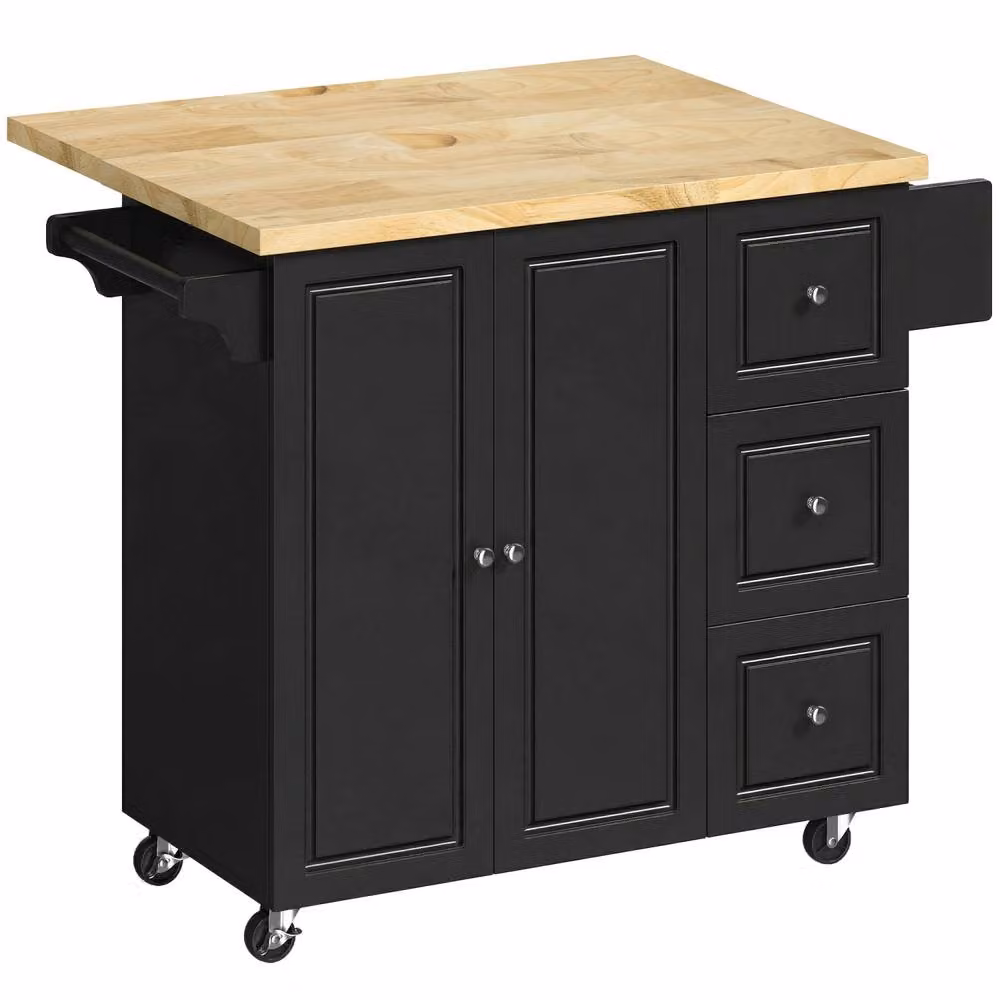 Wyld Haus Black Rolling Kitchen Island with Drop Leaf, Drawers, Towel and Spice Racks, W/D/H: 89 x 45 x 45 cm – 2