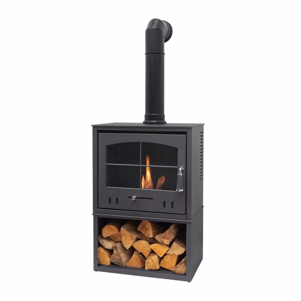 OKO S4 Bio Ethanol Stove with Log Storage and Tall Angled Stove Pipe in Charcoal Grey – 2