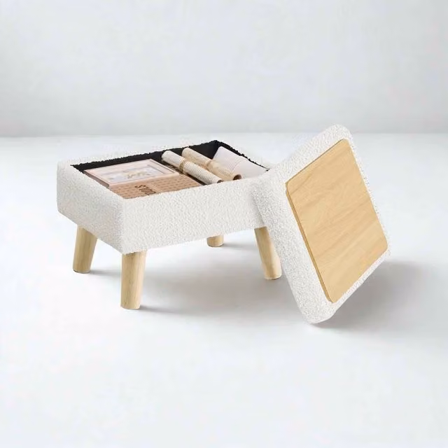The Bazaarist Teddy Fleece Storage Ottoman in White and Beige with Rubberwood Legs