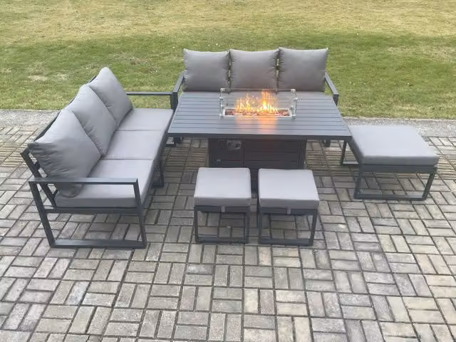 Fimous Aluminium Outdoor Lounge Sofa Garden Furniture Set with Gas Fire Pit Dining Table and 3 Footstools in Dark Grey