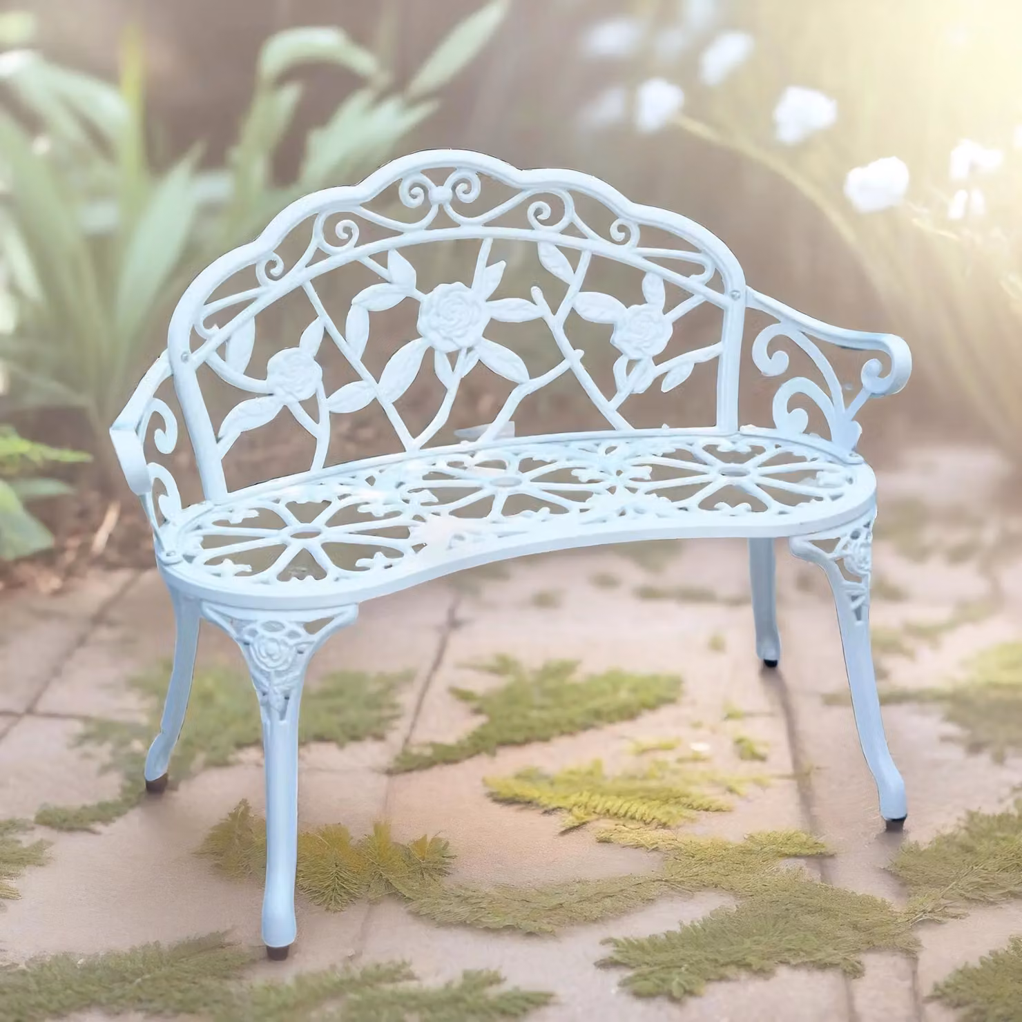 FURNOS White Metal Garden Bench with Antique Floral Rose Petal Detail – 2