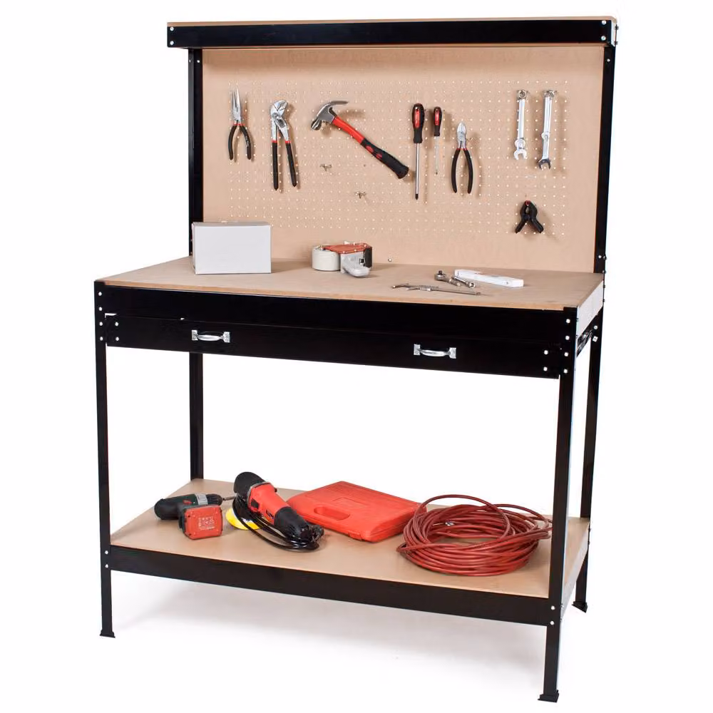 tectake Workbench with Pegboard, 2 Shelves, 1 Large Drawer and 12 Hooks in Black – 2