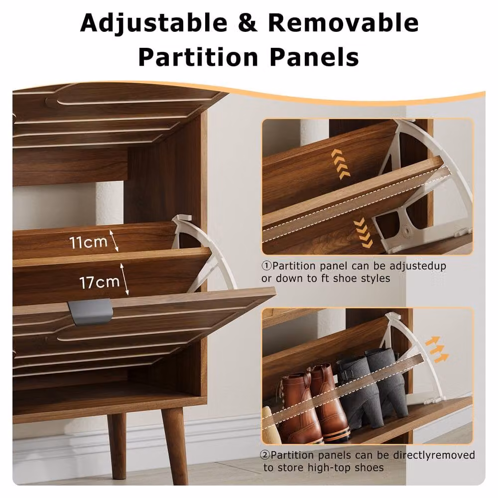 Merax Walnut Shoe Storage Cabinet in Brown with Tilting Compartments and Open Shelf – 3