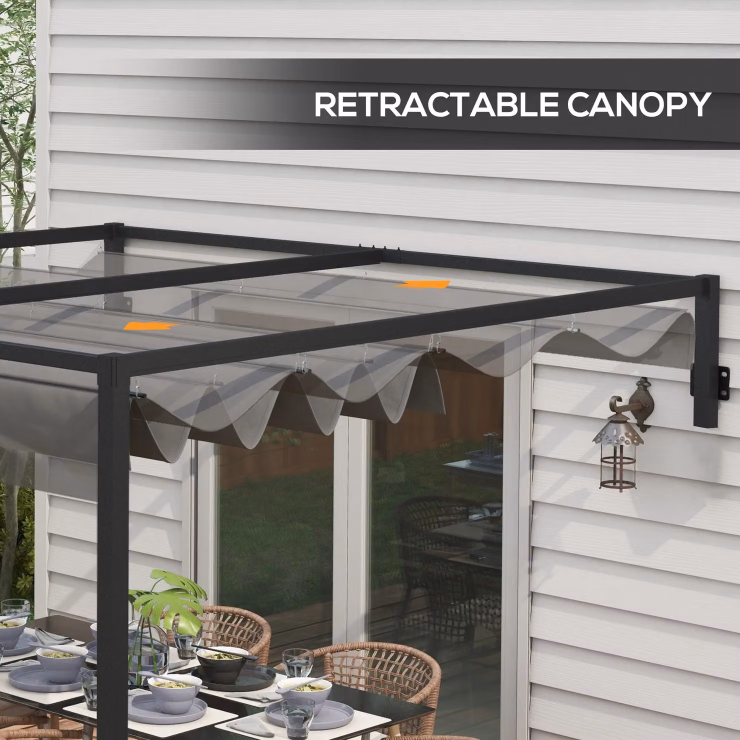 OUTSUNNY Wall Mounted Lean-to Pergola with Retractable Sun Shade Canopy in Matt Grey, W/D/H: 397 x 220 x 285 cm – 4