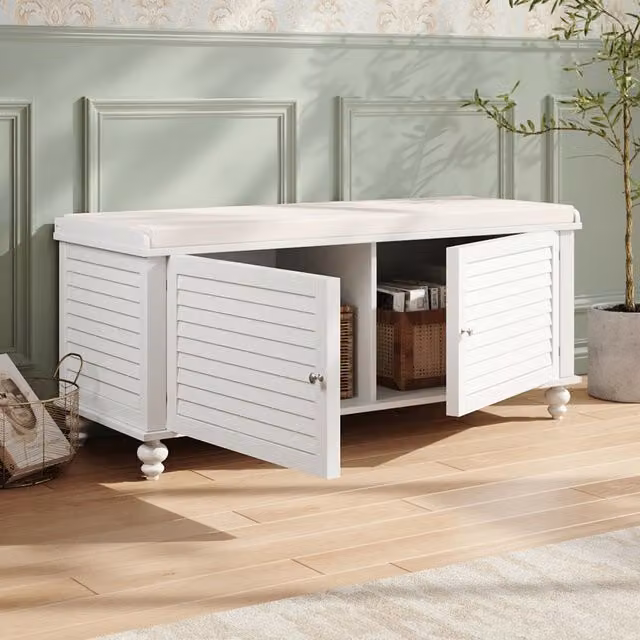 Komore White Wooden Shoe Cabinet Storage Bench with Fabric Cushion
