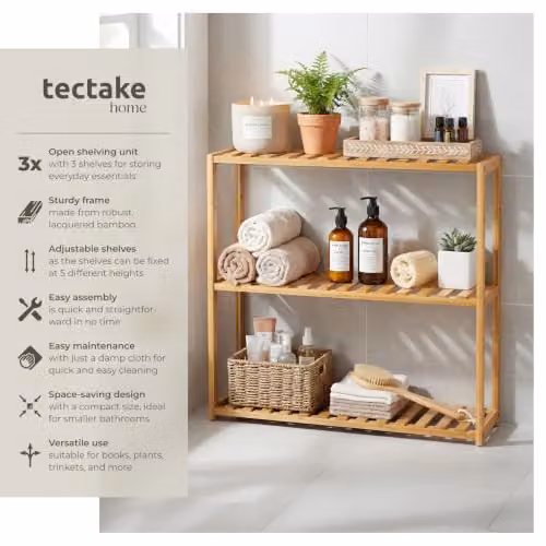 tectake 3-Tier Lacquered Bamboo Shelving Unit, Brown, W/D/H: 60 x 15 x 54.5 cm – 2