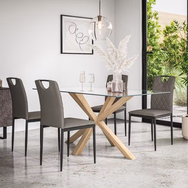 More4Homes Etta Glass Dining Table Set with Solid Oak Legs and 6 Grey Monza Faux Leather Chairs
