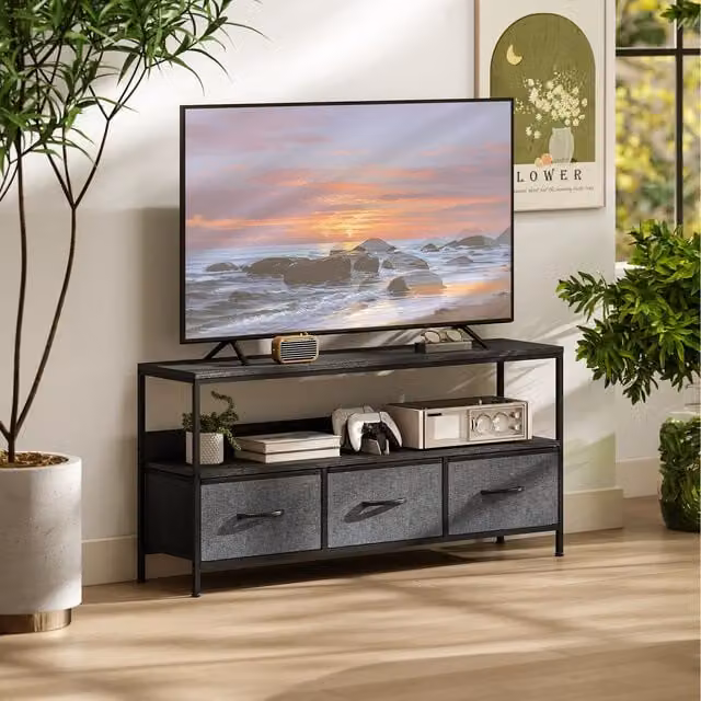 HOMCOM Modern TV Console Unit with Foldable Linen Drawers in Black and Charcoal Grey