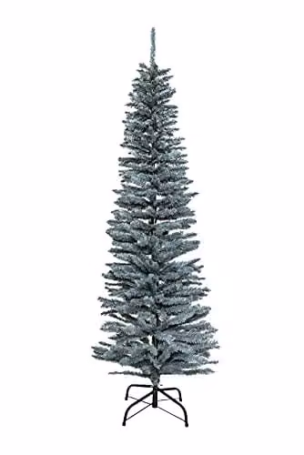 Shatchi Artificial Flocked Slim Christmas Pencil Tree in Frosty Green with Metal Stand, Height: 180 cm