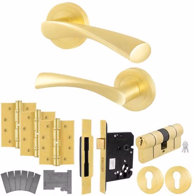 AFIT Novi Gold Satin Brass Fire Door Handle with Euro Lock and Double Cylinder, W: 15.0 cm x H: 15.0 cm – 1