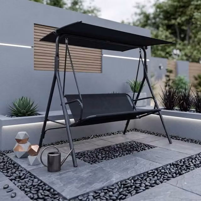 Garden Greatness Lunaria Urban Patio Garden Swing Chair with Sun Canopy in Black and Multicolour Metal and Fabric