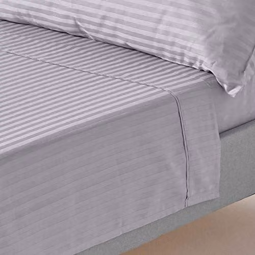 HOMESCAPES Grey Pure Egyptian Cotton Flat Sheet, King Size, 330 Thread Count, Satin Stripe, W/D/H: 180 x 200 cm