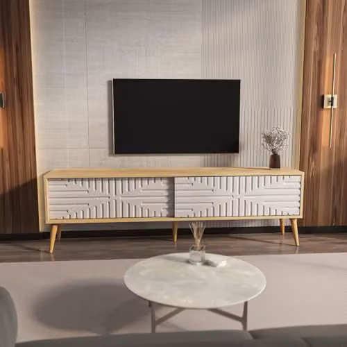DECOROTIKA Riso Modern TV Stand with Sliding MDF Doors and Solid Wood Legs, Oak and White, W: 180 cm, H: 54 cm, D: 35 cm – 2