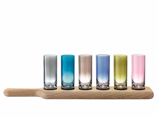 LSA International Paddle Vodka Set with Assorted Colour Mouthblown Glass and Hand Planed Oak Paddle, Length: 40 cm – 1