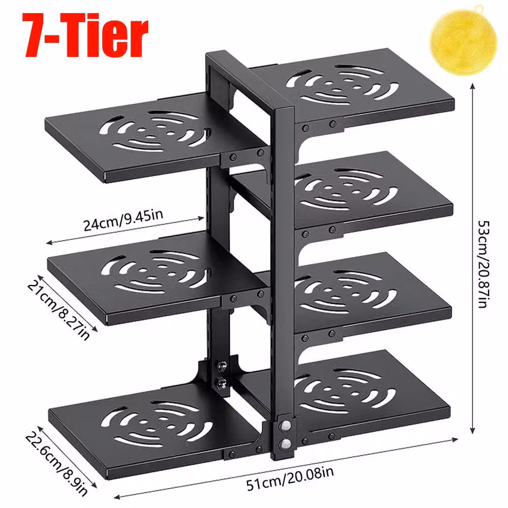 Ventryn 7 Tier Adjustable Metal Kitchen Pan Storage Rack Organiser in Matt Black, H 53.0 x W 22.6 x D 22.6 cm – 2