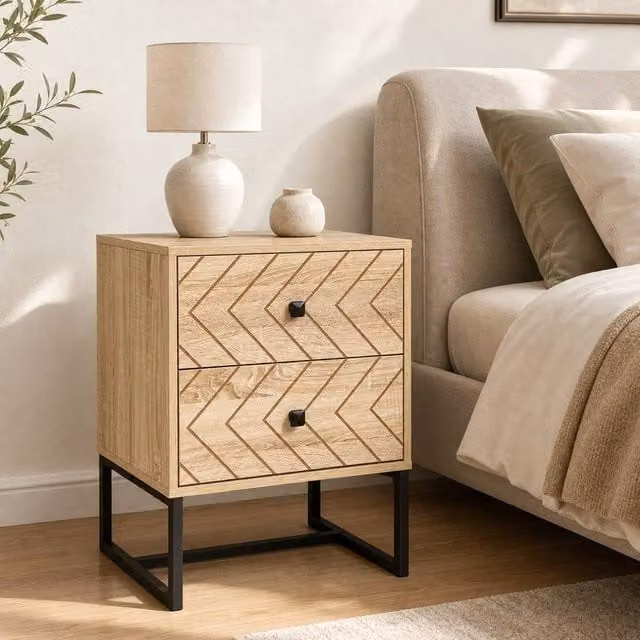 STILVORA Modern Geometric Bedside Table with 2 Drawers and Zig-Zag Design in Sand, Black, Brown or Beige