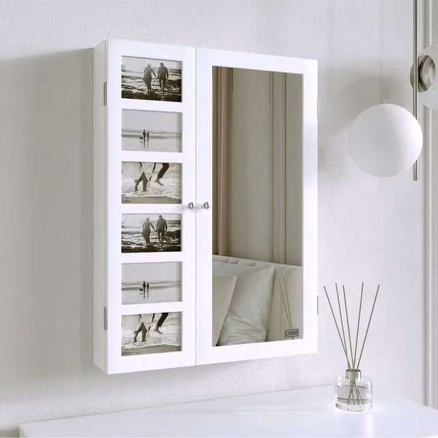 CARME White Wall Mounted Modern Mirror Cabinet with LED Lighting and Internal Shelves and Drawers