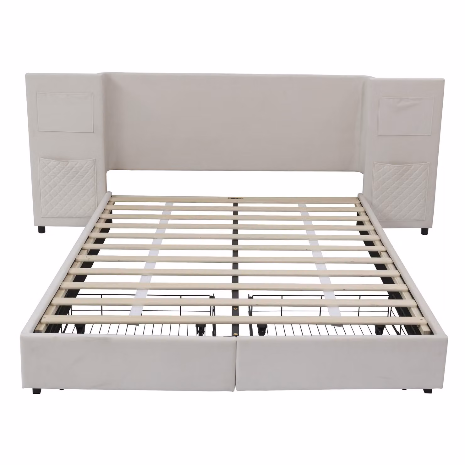 Aosom UK Beige Velvet Upholstered Double Bed Frame with Storage Drawers and Headboard Pockets, W/D/H: 222.5 x 229 x 87.5 cm – 2