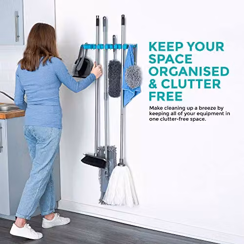 LIVIVO Wall Mounted Mop and Broom Holder with Friction Grip and Adjustable Hooks in Grey or Turquoise – 3