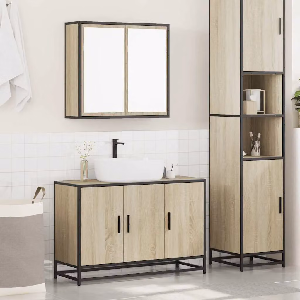Berkfield Home 2 Piece Bathroom Furniture Set in Sonoma Oak Brown featuring a Vanity Unit and Mirror Cabinet – 1