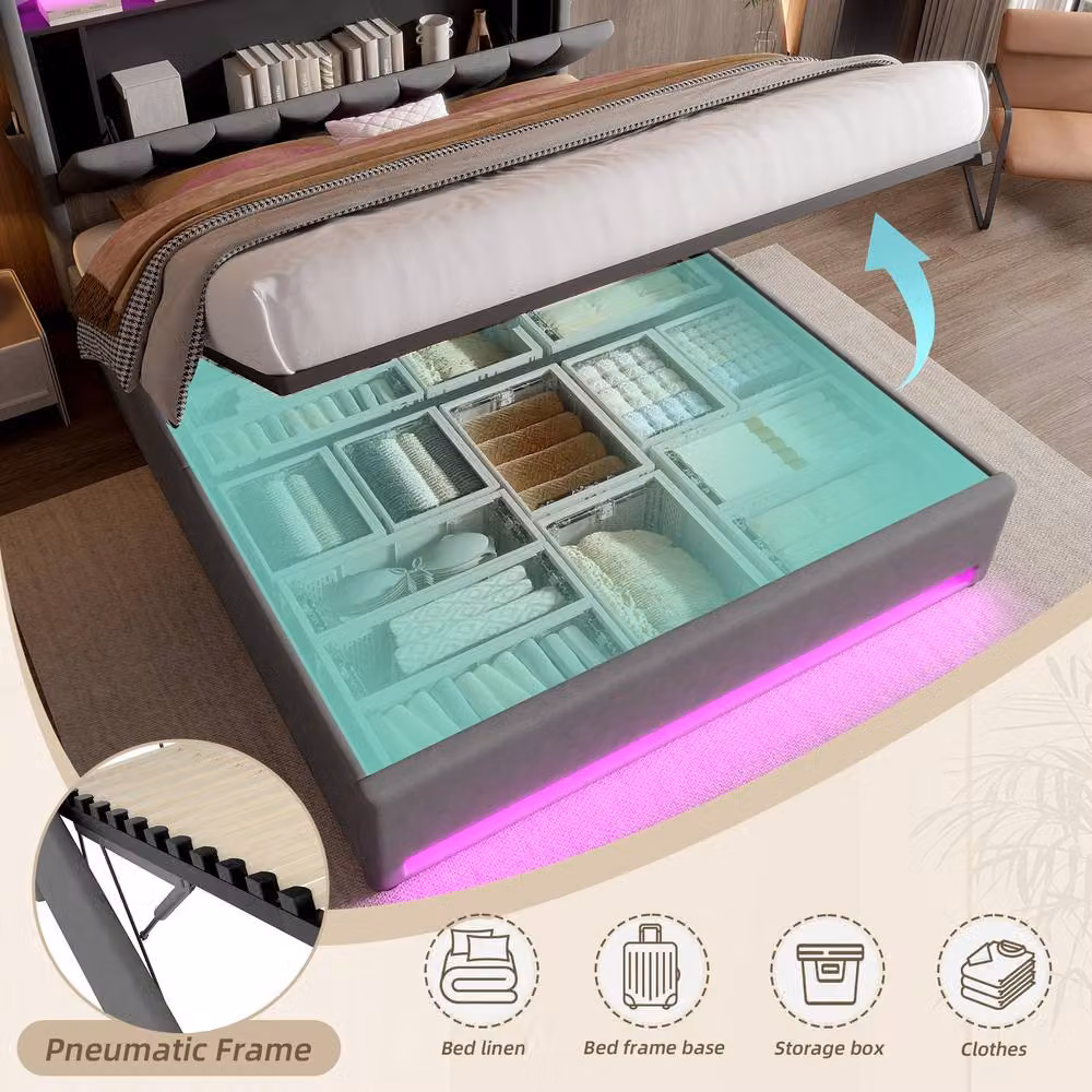 STILVORA Upholstered Velvet Bed Frame in Grey with LED Lighting, USB Charging Port and Lift-Up Base, W/D/H: 150 x 200 cm – 5