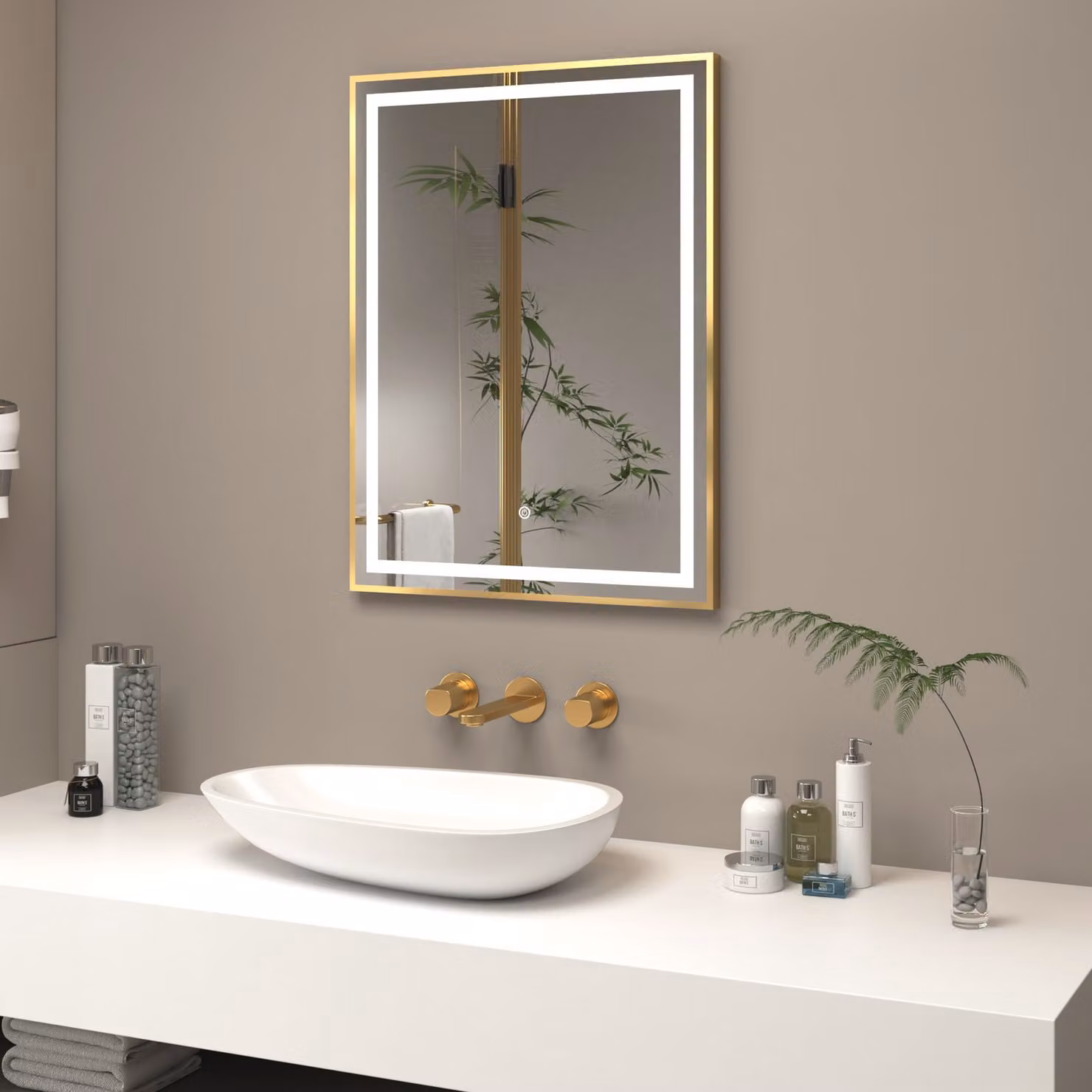 Royal Bathrooms Oslo Rectangular LED Illuminated Framed Mirror in Gold with Demister Pad and Touch Sensor, W: 60 cm, H: 80 cm