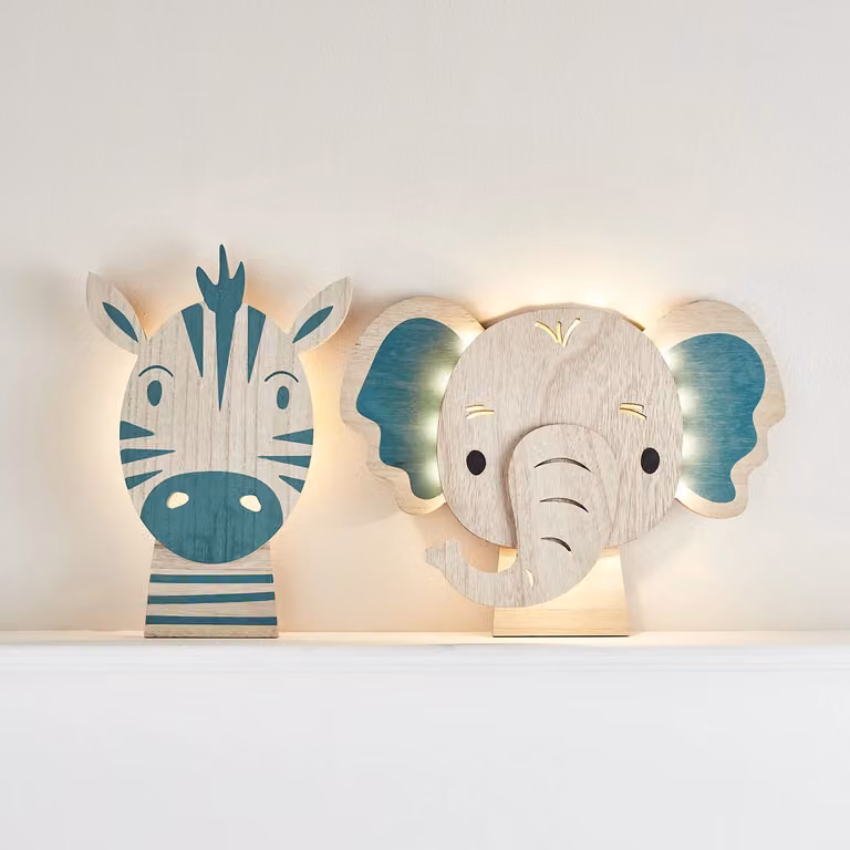 Zebra and Elephant Children's LED Wall Light Duo in Blue and Multicolour Wood
