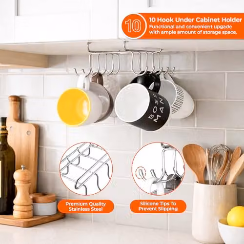 Innoteck Silver Stainless Steel Kitchen Mug and Utensil Hanging Hook Rack with 10 Self-Adhesive Hooks – 2