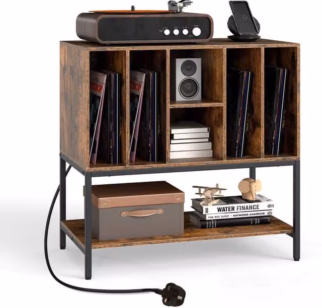 Costway Industrial Record Player Stand and Turntable Table with Charging Station in Brown