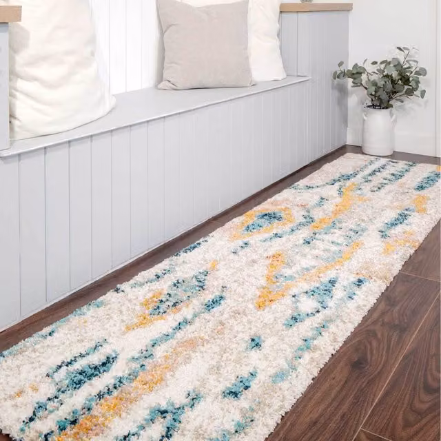 The Rug House Multicolour and Beige Distressed Abstract Moroccan Shaggy Rectangular Living Area Rug W: 240 cm, D: 60 cm