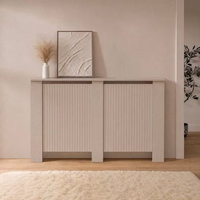 OHS Large Ribbed Radiator Cover in Stone Beige Slatted Engineered Wood