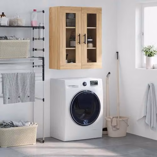 vidaXL Wall Mounted Cabinet with Glass Doors, Brown, W/D/H: 69.5 x 34.0 x 90.0 cm – 2