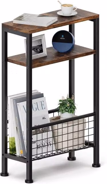 FORGEVIO Narrow Side Table with 3-Tier Magazine Rack, Brown Wood Industrial Design