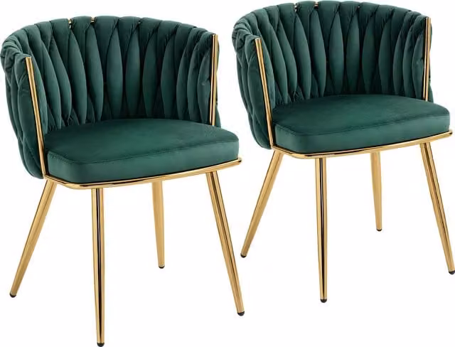 HOMCOM Set of 2 Modern Velvet Dining Chairs with Armrests and Metal Legs, Dark Green and Gold